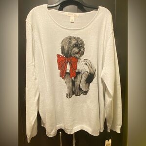 Silver Metallic Sweater with picture of Dog with Festive Red Bow